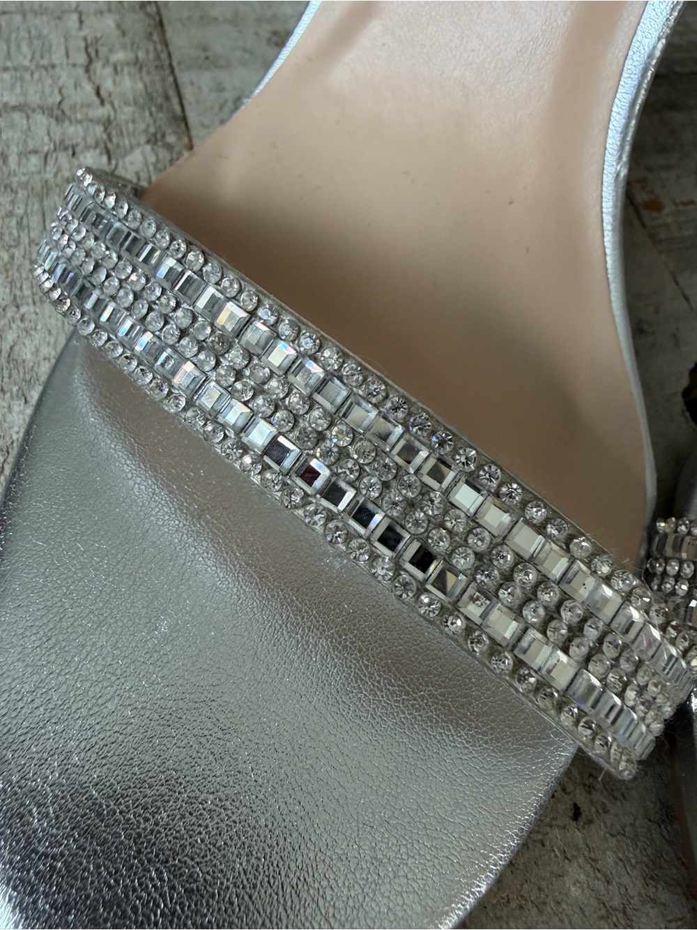 Delicious Silver Crystal-Embellished Open-Toe Ankle-Strap Heels - Picture 3 of 5